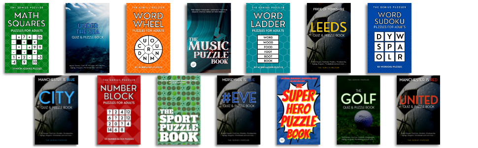 The image shows a selection of books available from The Genius Puzzler